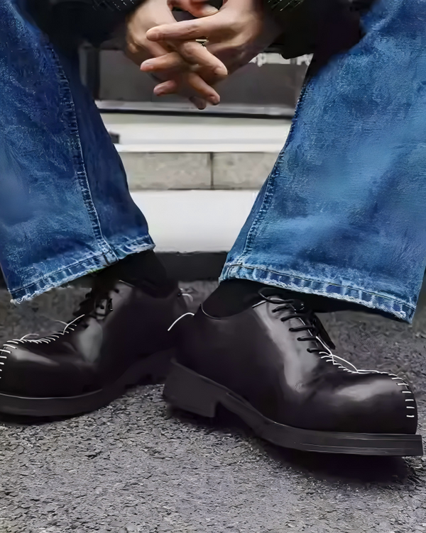 BRYNOR Black Leather Gothic Chunky Heel Shoes footwear product photo