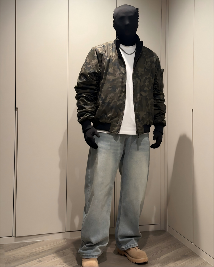 STEP BLOCK ST014 Camouflage Print Ribbed Collar Bomber Jacket