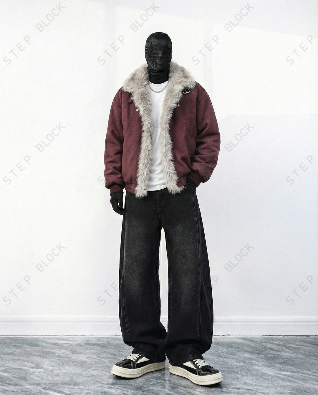 STEP BLOCK ST057 Reversible Shearling Lined Ribbed Collar Bomber Jacket