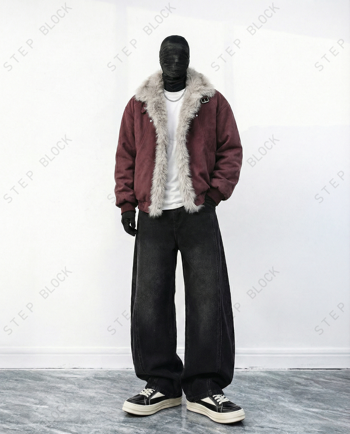 STEP BLOCK ST057 Reversible Shearling Lined Ribbed Collar Bomber Jacket