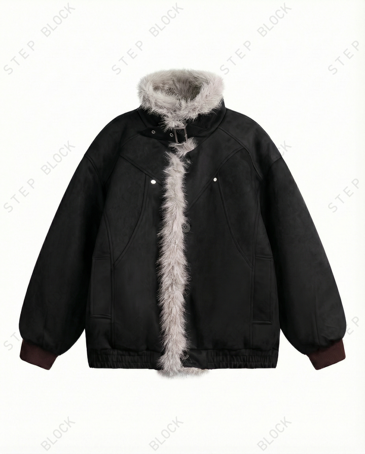 STEP BLOCK ST057 Reversible Shearling Lined Ribbed Collar Bomber Jacket