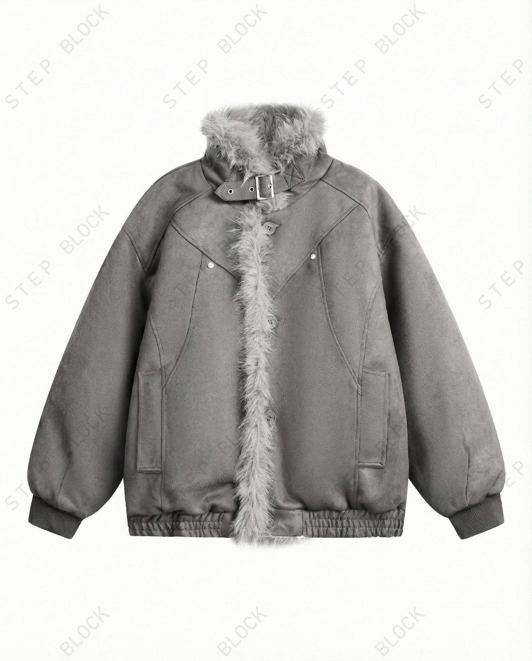 STEP BLOCK ST057 Reversible Shearling Lined Ribbed Collar Bomber Jacket