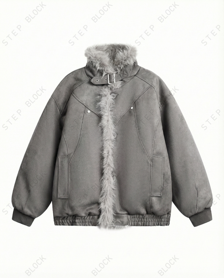 STEP BLOCK ST057 Reversible Shearling Lined Ribbed Collar Bomber Jacket