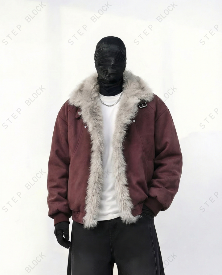 STEP BLOCK ST057 Reversible Shearling Lined Ribbed Collar Bomber Jacket