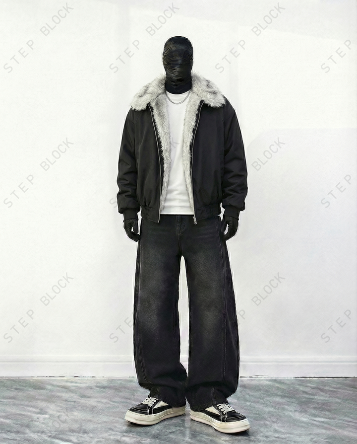 STEP BLOCK ST028 Shearling Collar Water-Resistant Bomber Jacket
