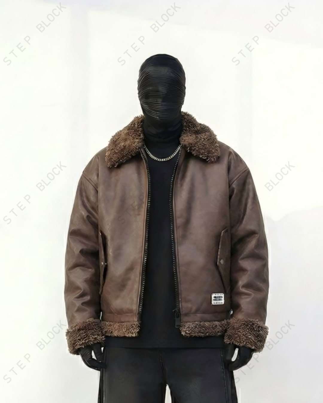 STEP BLOCK ST040 Shearling Collar Washed Faux Leather Aviator Bomber Jacket