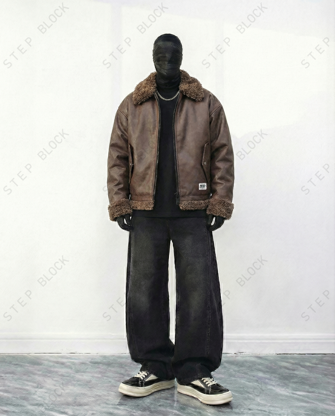 STEP BLOCK ST040 Shearling Collar Washed Faux Leather Aviator Bomber Jacket