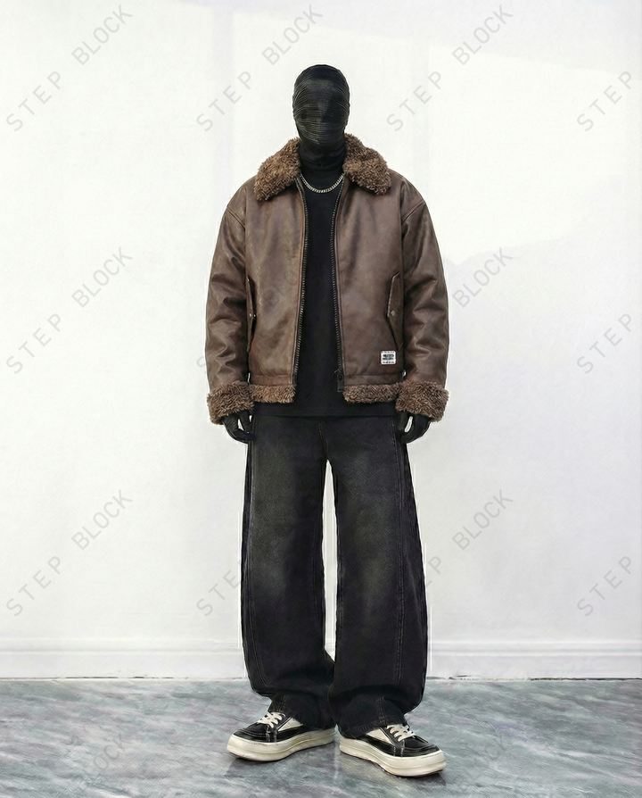 STEP BLOCK ST040 Shearling Collar Washed Faux Leather Aviator Bomber Jacket