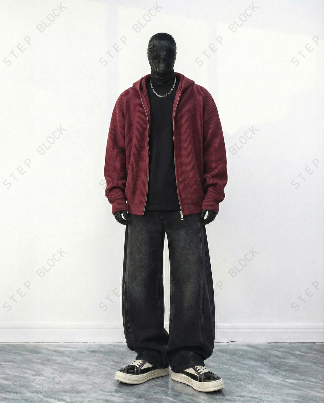 STEP BLOCK ST023 Oversized Full-Zip Knit Hoodie