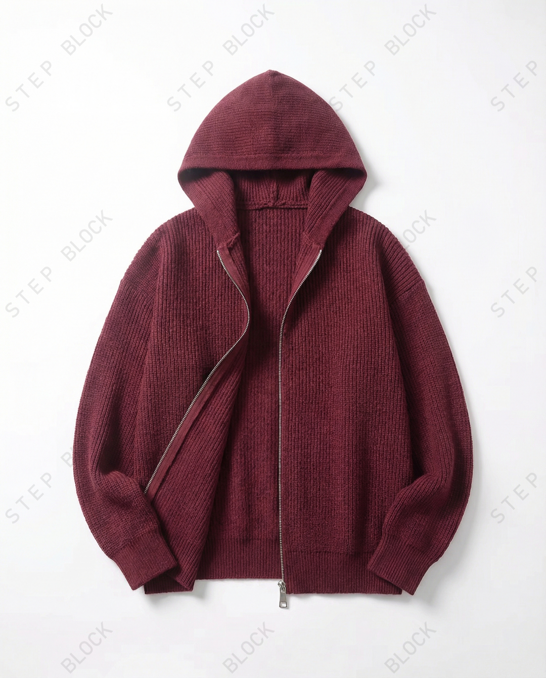 STEP BLOCK ST023 Oversized Full-Zip Knit Hoodie