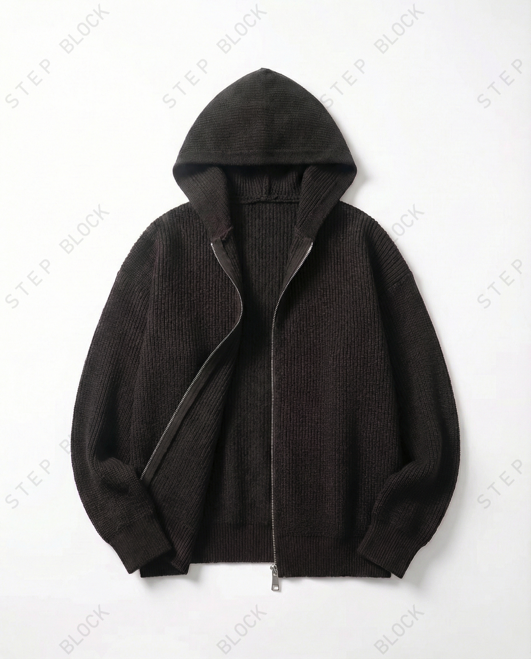 STEP BLOCK ST023 Oversized Full-Zip Knit Hoodie