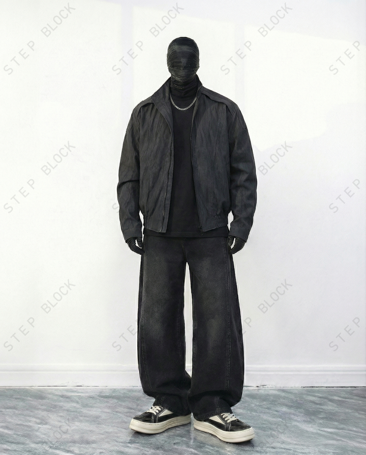 STEP BLOCK ST022 Washed Oversized Stand Collar Bomber Jacket