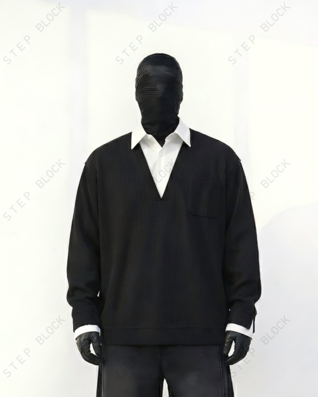 STEP BLOCK ST019 Faux Layered Collared V-Neck Oversized Knit Sweater