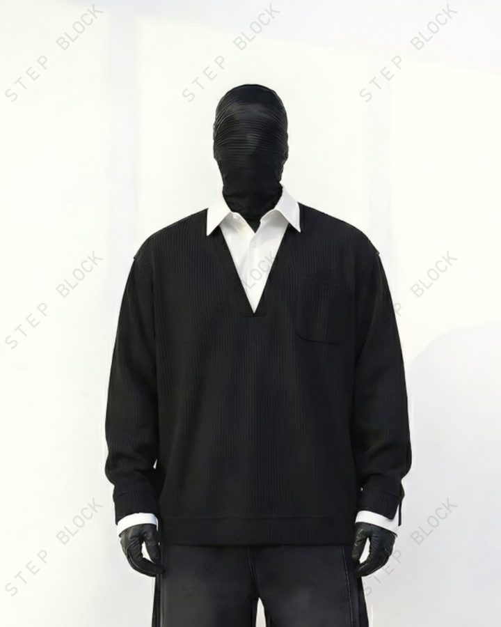 STEP BLOCK ST019 Faux Layered Collared V-Neck Oversized Knit Sweater