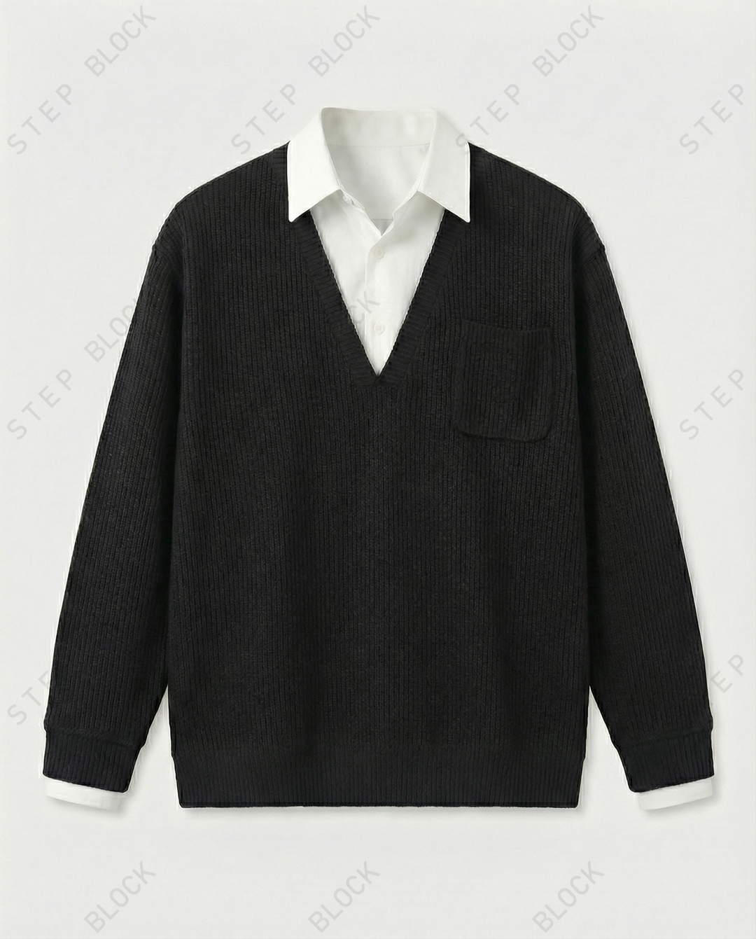 STEP BLOCK ST019 Faux Layered Collared V-Neck Oversized Knit Sweater