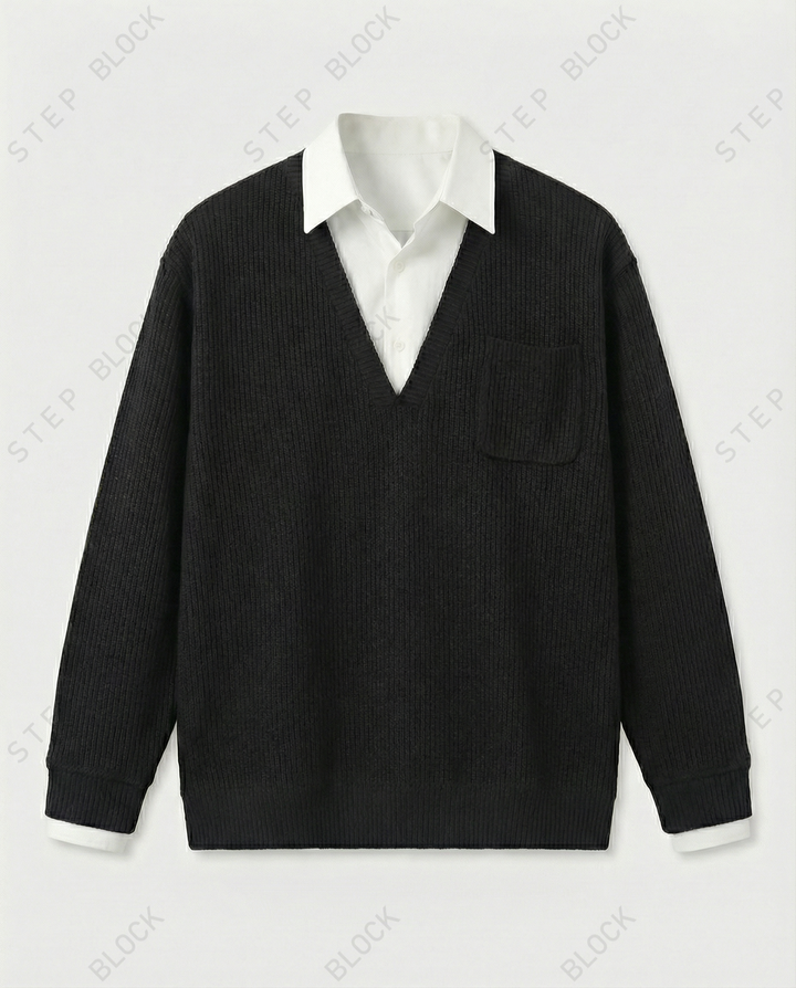 STEP BLOCK ST019 Faux Layered Collared V-Neck Oversized Knit Sweater