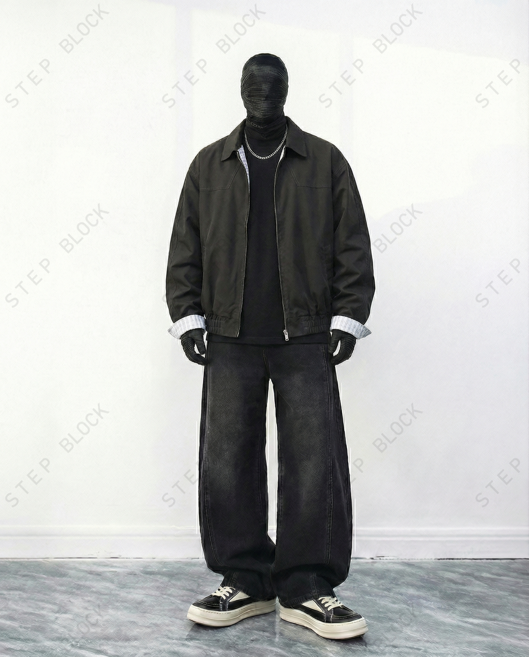 STEP BLOCK ST018 Contrast Cuff Minimalist Zip-Up Workwear Harrington Jacket