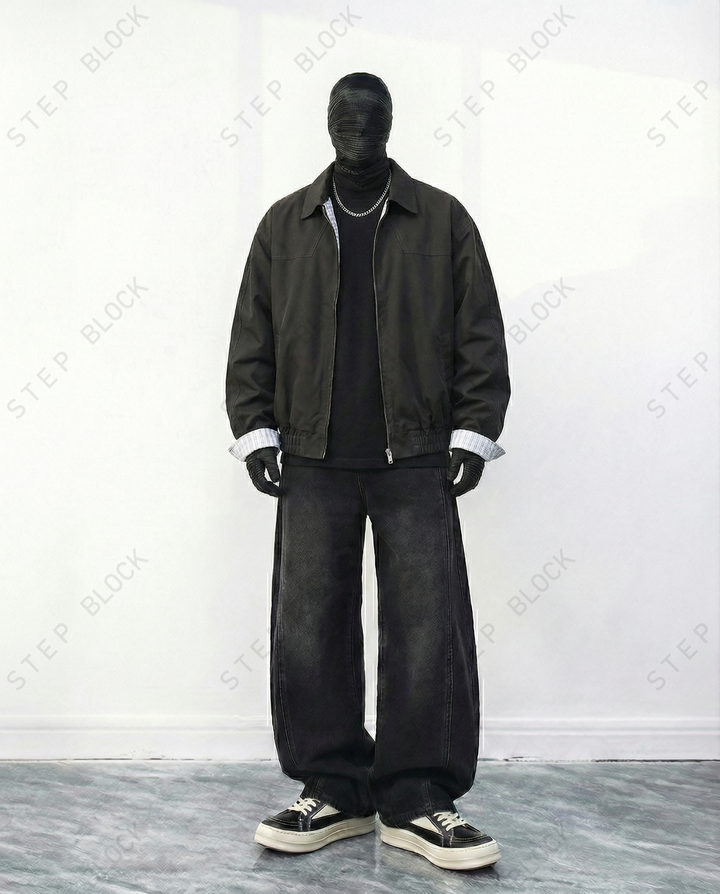 STEP BLOCK ST018 Contrast Cuff Minimalist Zip-Up Workwear Harrington Jacket