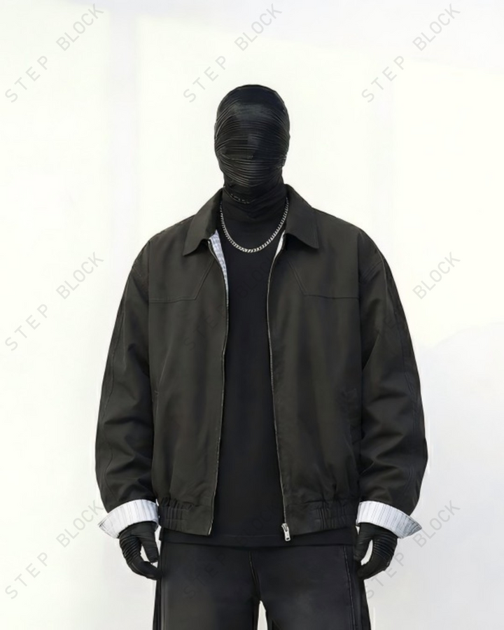 STEP BLOCK ST018 Contrast Cuff Minimalist Zip-Up Workwear Harrington Jacket