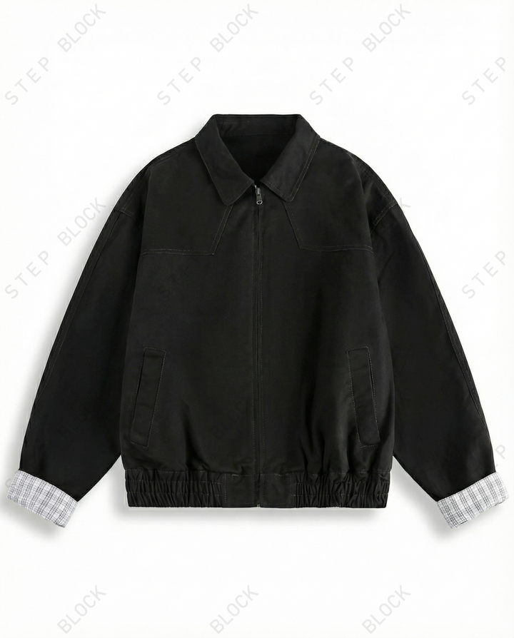 STEP BLOCK ST018 Contrast Cuff Minimalist Zip-Up Workwear Harrington Jacket