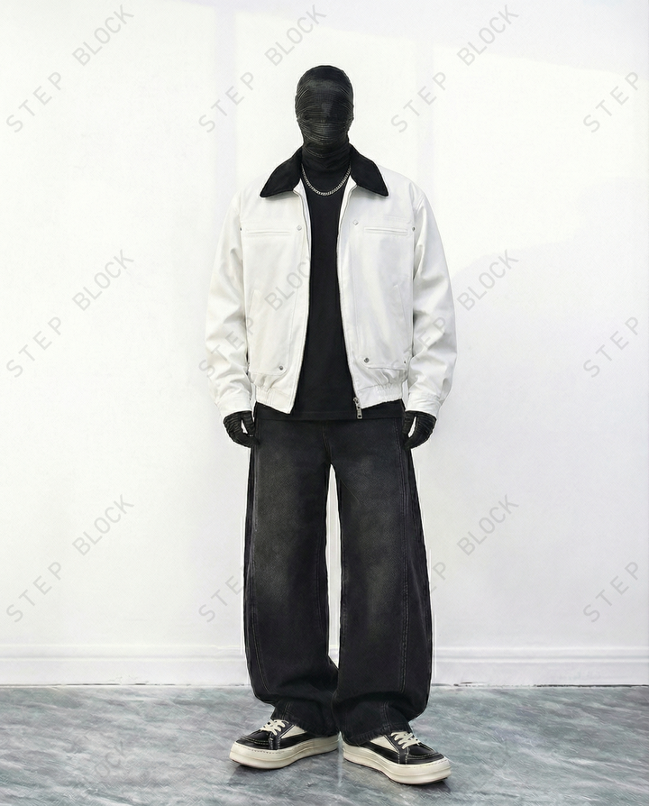 STEP BLOCK ST056 Contrast Shearling Collar Washed Workwear Jacket