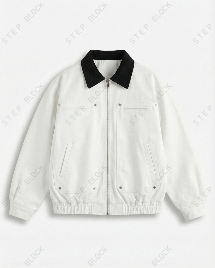 STEP BLOCK ST056 Contrast Shearling Collar Washed Workwear Jacket
