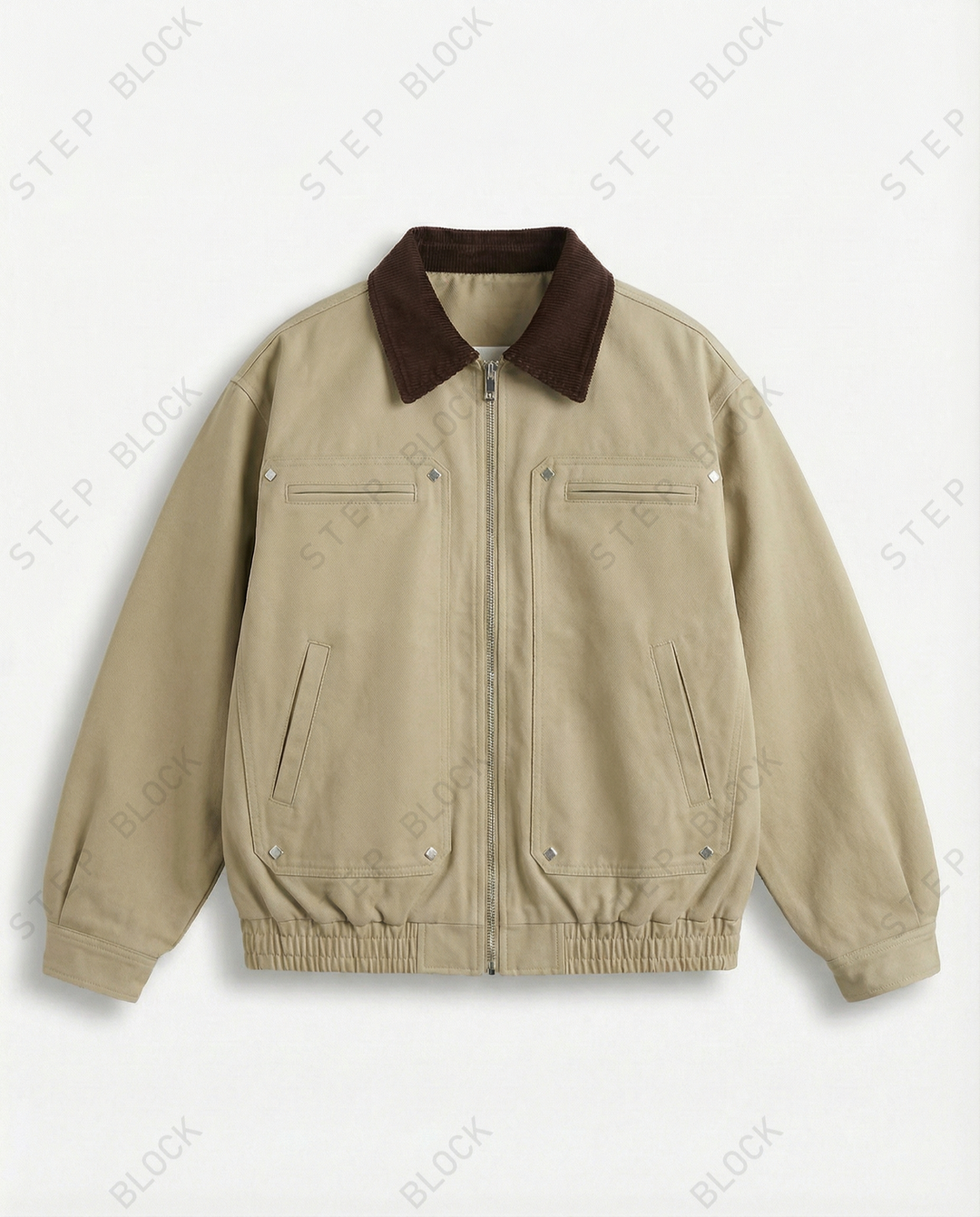 STEP BLOCK ST056 Contrast Shearling Collar Washed Workwear Jacket