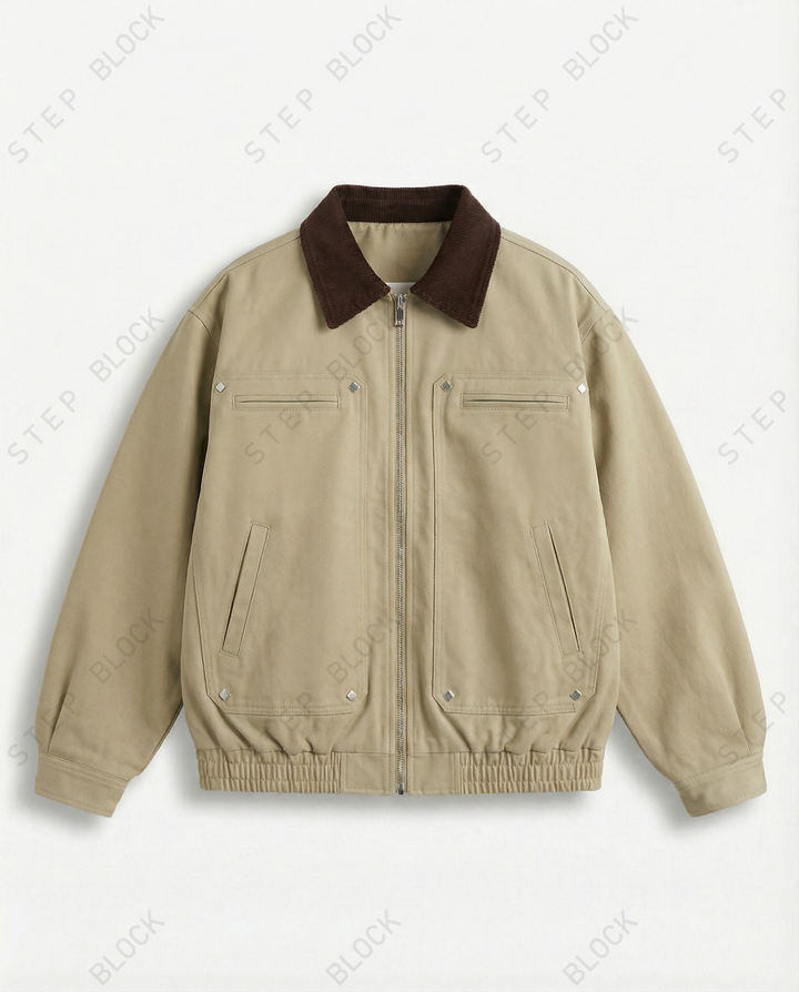 STEP BLOCK ST056 Contrast Shearling Collar Washed Workwear Jacket