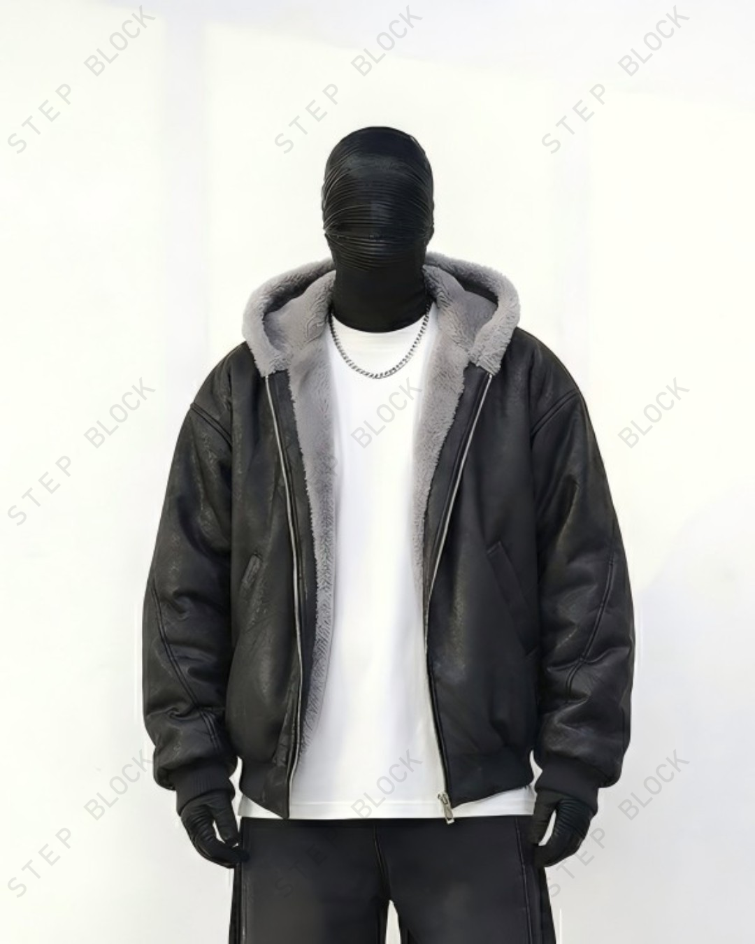STEP BLOCK ST047 Reversible Shearling Lined Faux Leather Hooded Bomber Jacket
