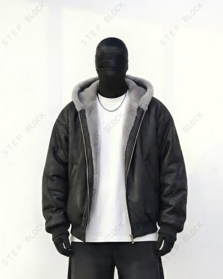 STEP BLOCK ST047 Reversible Shearling Lined Faux Leather Hooded Bomber Jacket