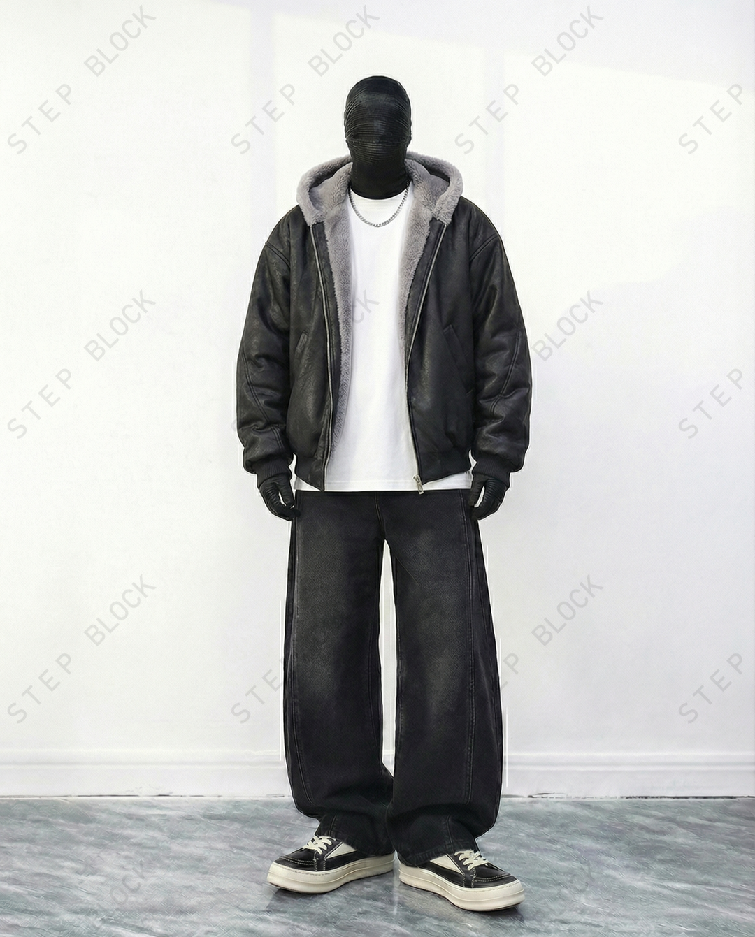 STEP BLOCK ST047 Reversible Shearling Lined Faux Leather Hooded Bomber Jacket