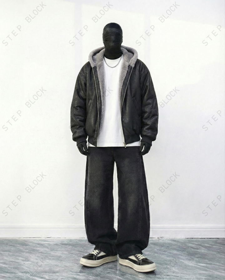STEP BLOCK ST047 Reversible Shearling Lined Faux Leather Hooded Bomber Jacket
