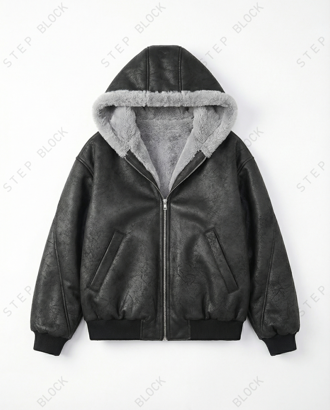 STEP BLOCK ST047 Reversible Shearling Lined Faux Leather Hooded Bomber Jacket