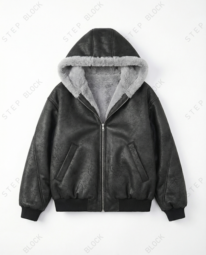STEP BLOCK ST047 Reversible Shearling Lined Faux Leather Hooded Bomber Jacket