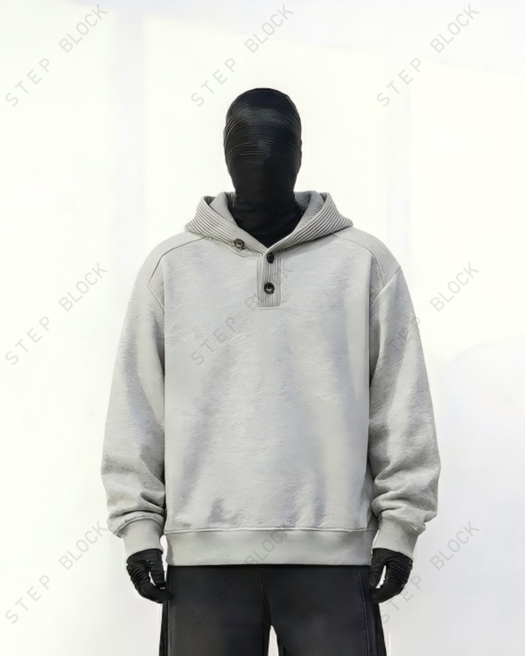 STEP BLOCK ST054 Minimalist Henley Neck Oversized Pullover Hoodie