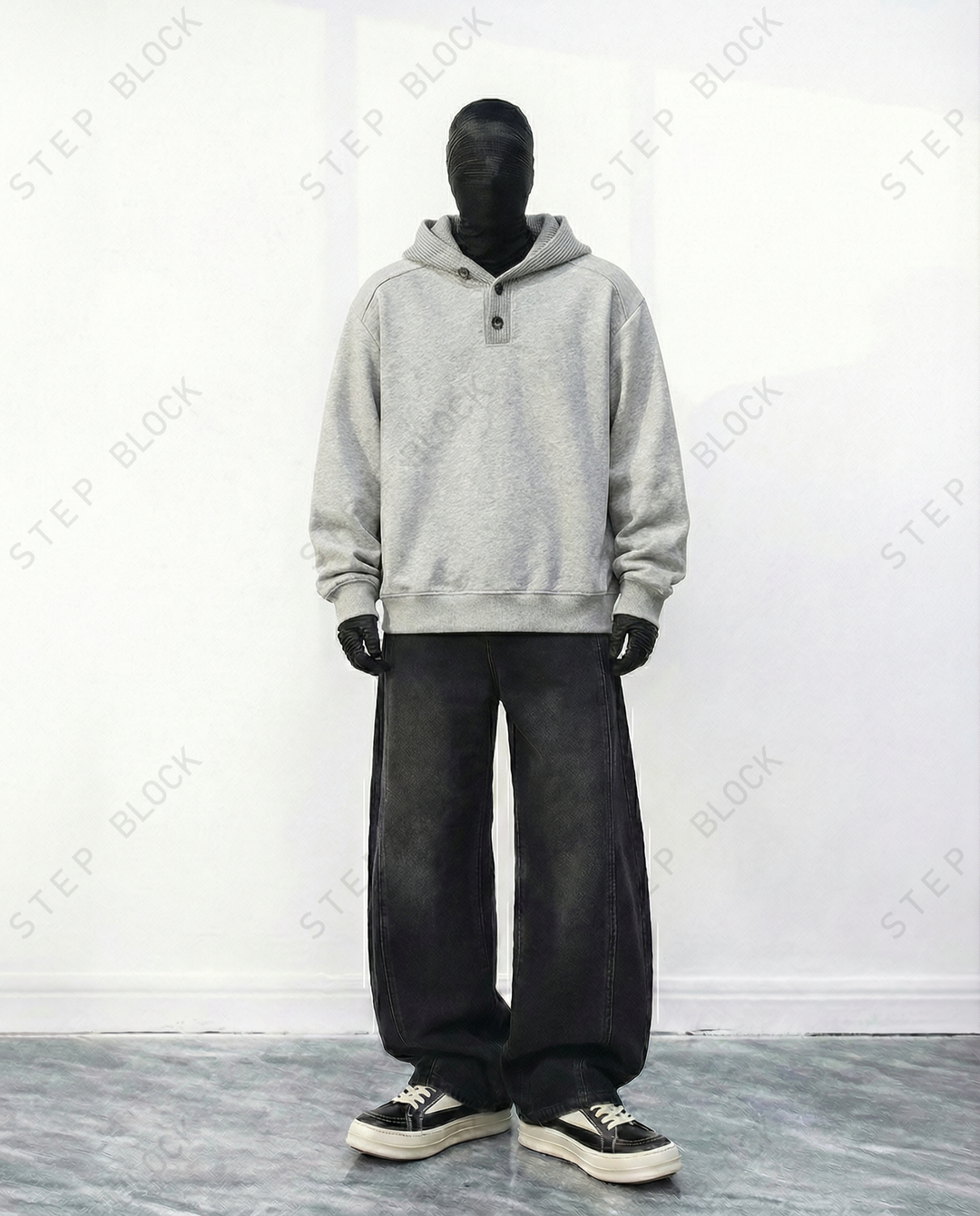 STEP BLOCK ST054 Minimalist Henley Neck Oversized Pullover Hoodie