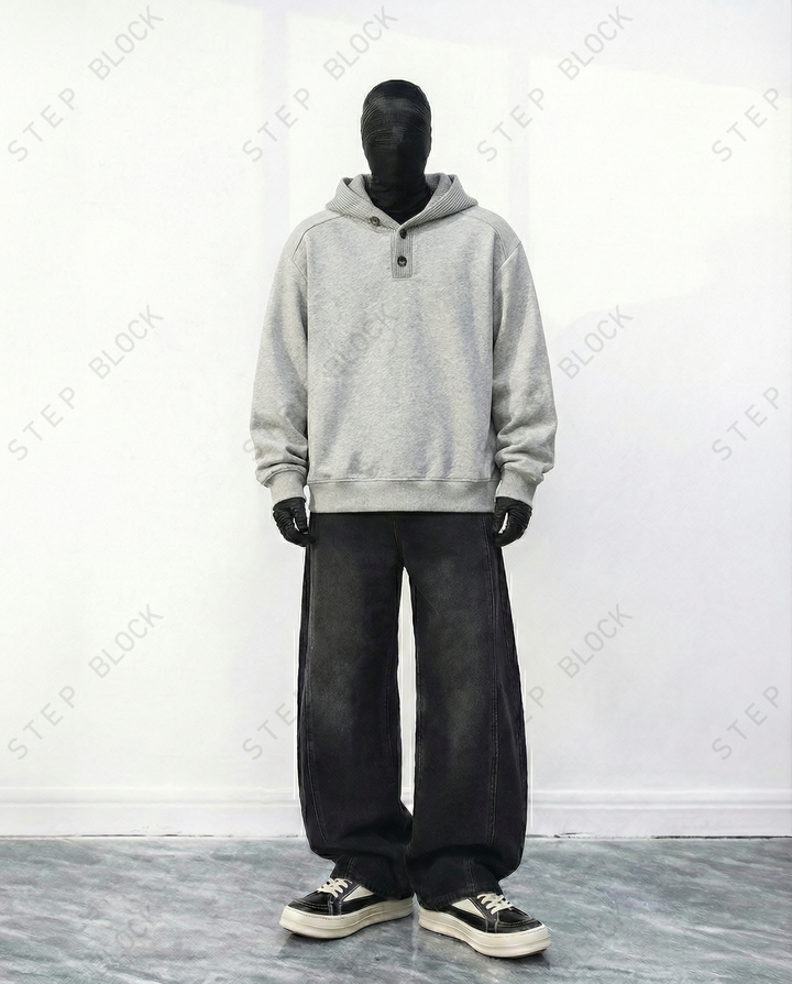 STEP BLOCK ST054 Minimalist Henley Neck Oversized Pullover Hoodie