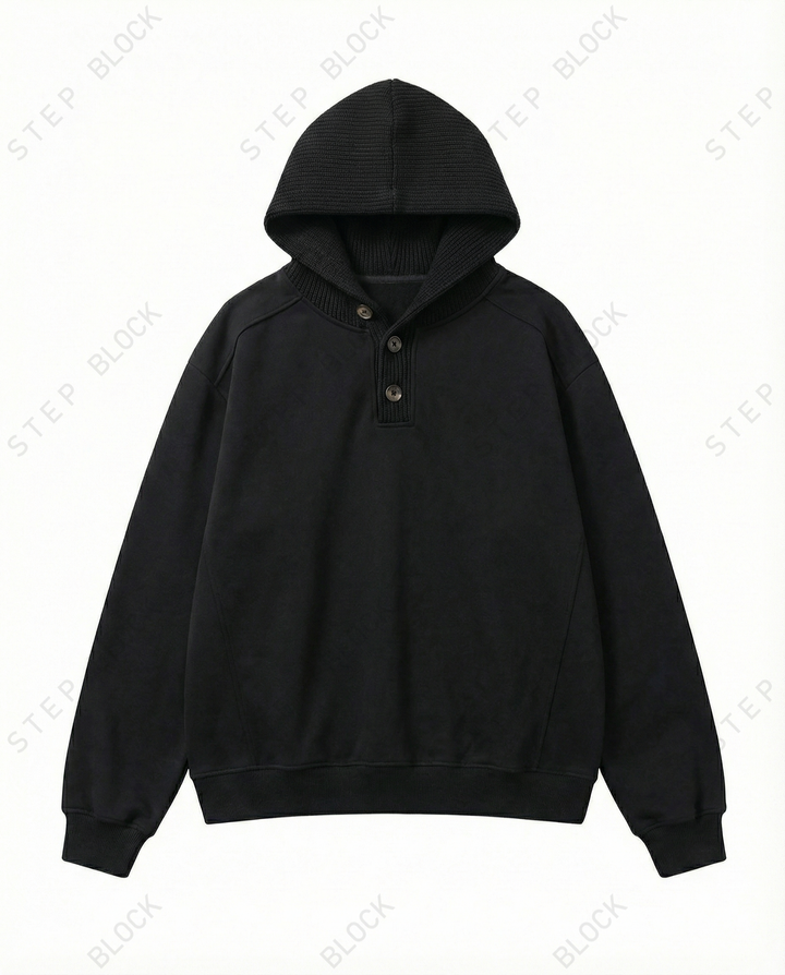 STEP BLOCK ST054 Minimalist Henley Neck Oversized Pullover Hoodie