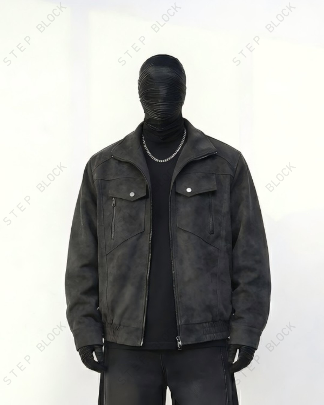 STEP BLOCK ST048 Washed Distressed Faux Leather Stand Collar Utility Jacket