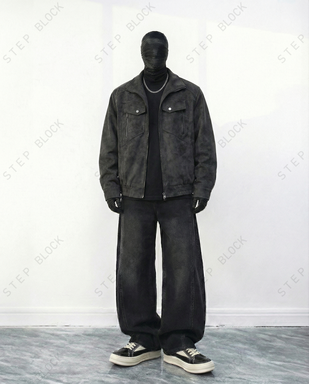 STEP BLOCK ST048 Washed Distressed Faux Leather Stand Collar Utility Jacket