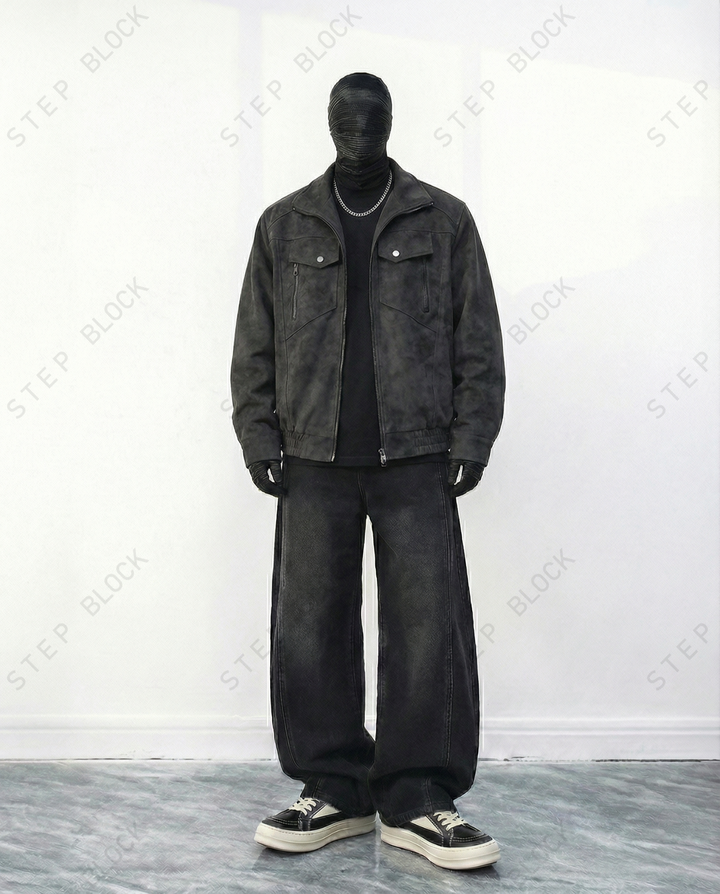STEP BLOCK ST048 Washed Distressed Faux Leather Stand Collar Utility Jacket