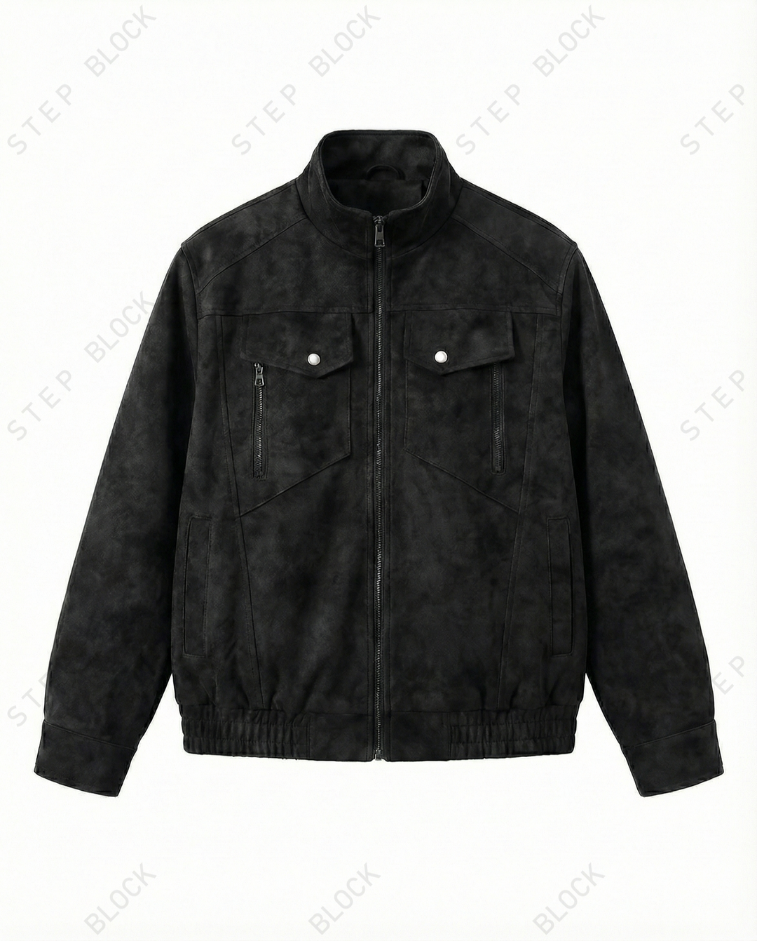 STEP BLOCK ST048 Washed Distressed Faux Leather Stand Collar Utility Jacket