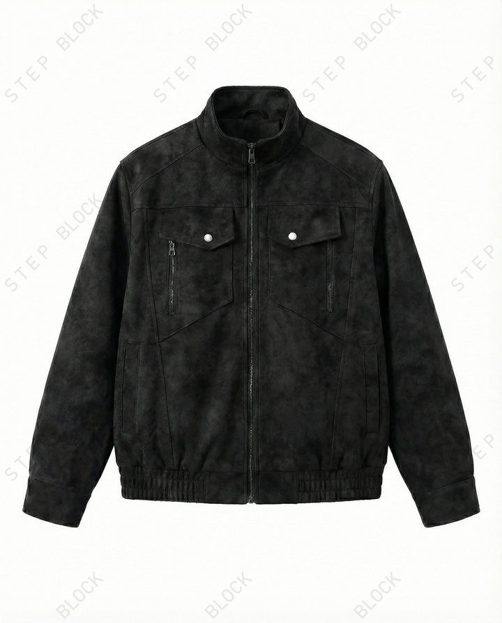 STEP BLOCK ST048 Washed Distressed Faux Leather Stand Collar Utility Jacket
