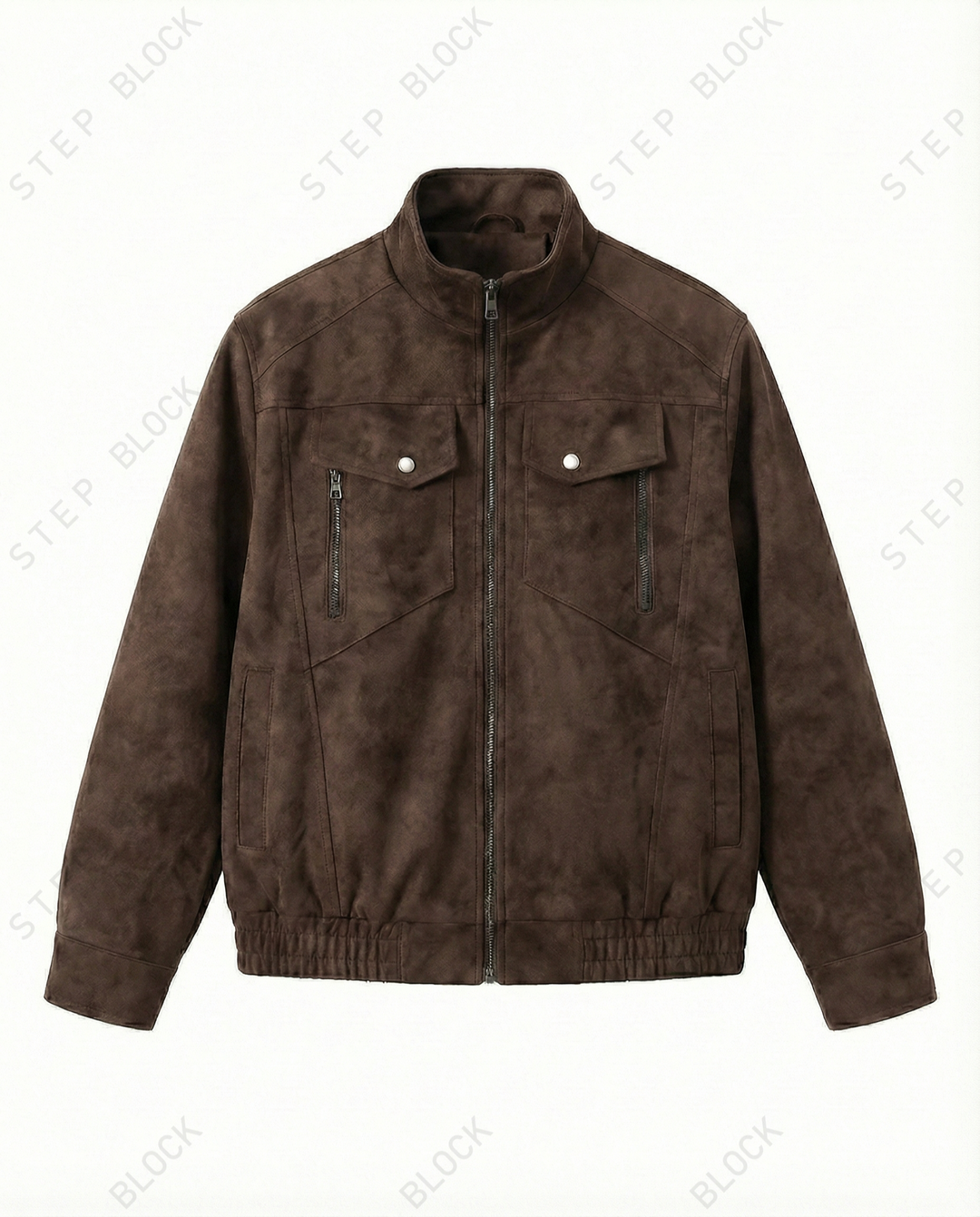 STEP BLOCK ST048 Washed Distressed Faux Leather Stand Collar Utility Jacket