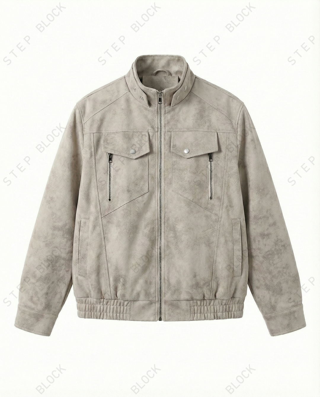 STEP BLOCK ST048 Washed Distressed Faux Leather Stand Collar Utility Jacket
