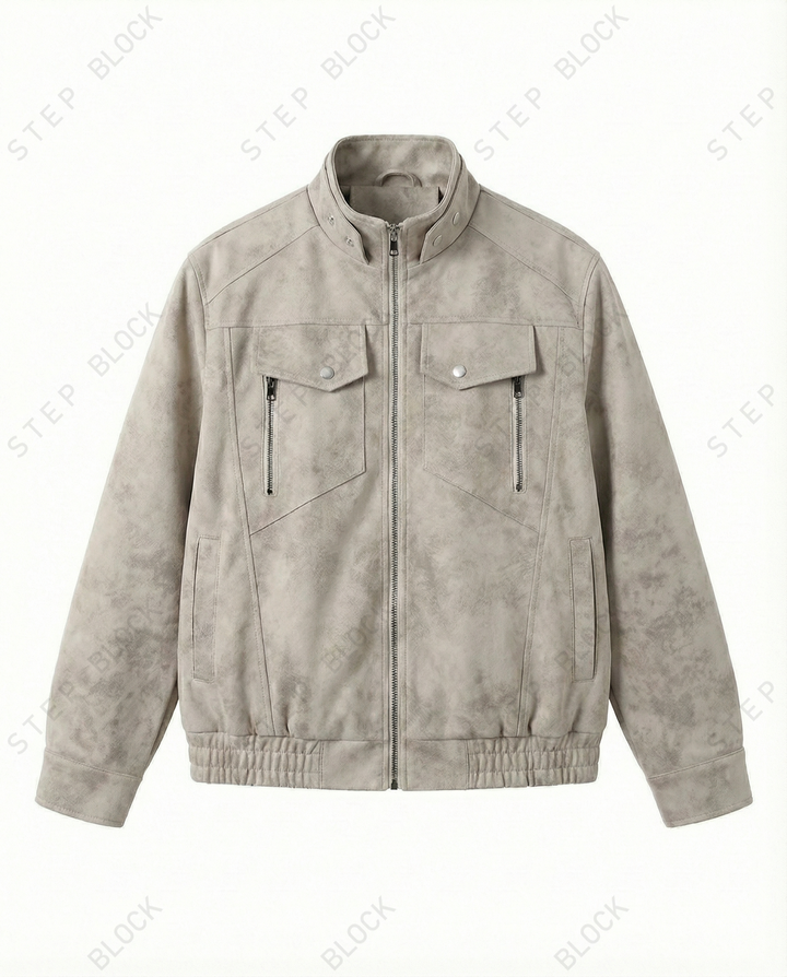 STEP BLOCK ST048 Washed Distressed Faux Leather Stand Collar Utility Jacket