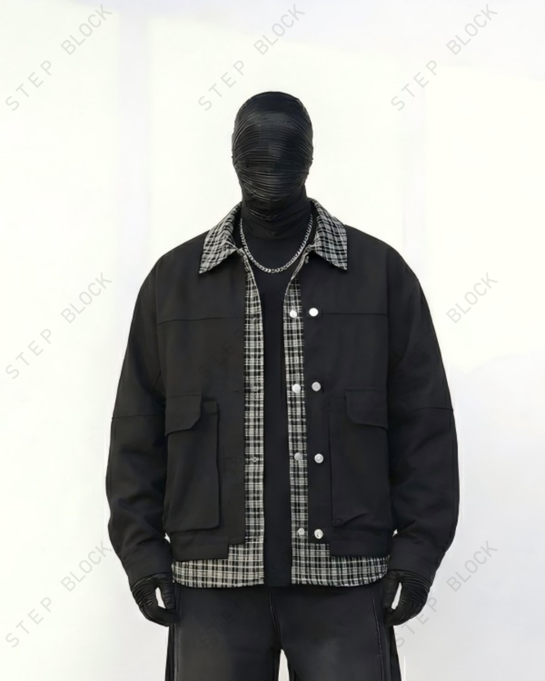 STEP BLOCK ST052 Plaid Contrast Collar Utility Pocket Workwear Jacket