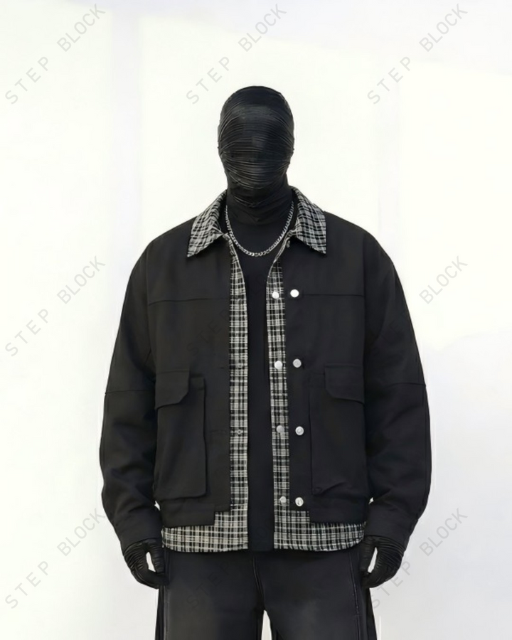 STEP BLOCK ST052 Plaid Contrast Collar Utility Pocket Workwear Jacket