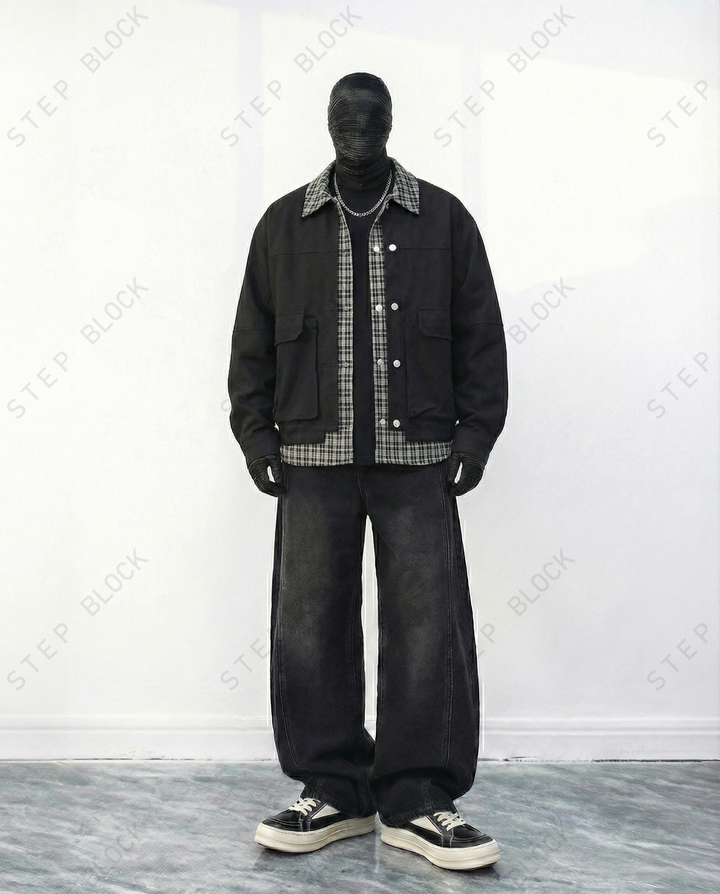 STEP BLOCK ST052 Plaid Contrast Collar Utility Pocket Workwear Jacket
