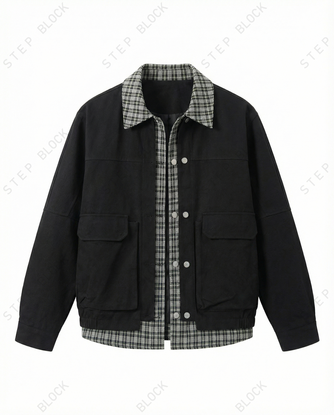 STEP BLOCK ST052 Plaid Contrast Collar Utility Pocket Workwear Jacket